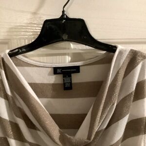 INC Brand short sleeved sweater, white & bronze gold stripes, size L.
